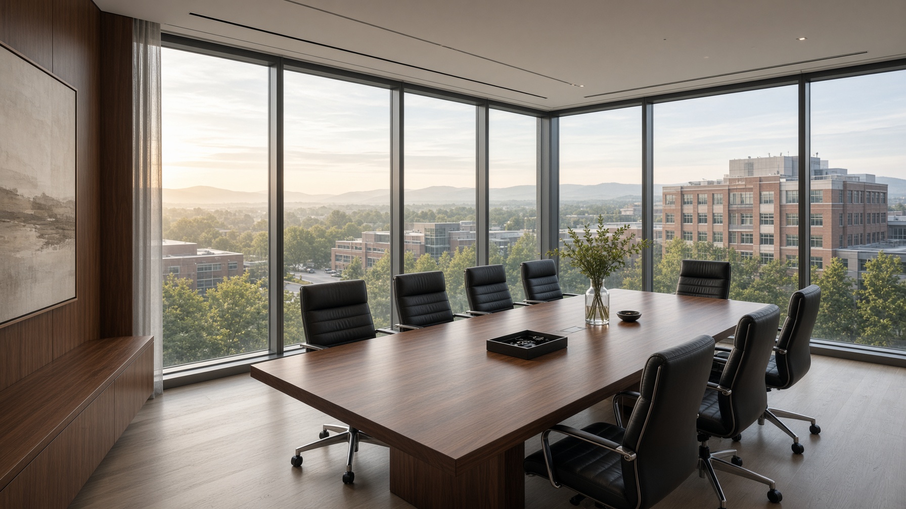 Quiet boardroom overlooking a medical campus