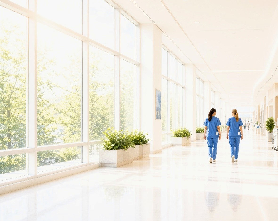 Sunlit hospital corridor